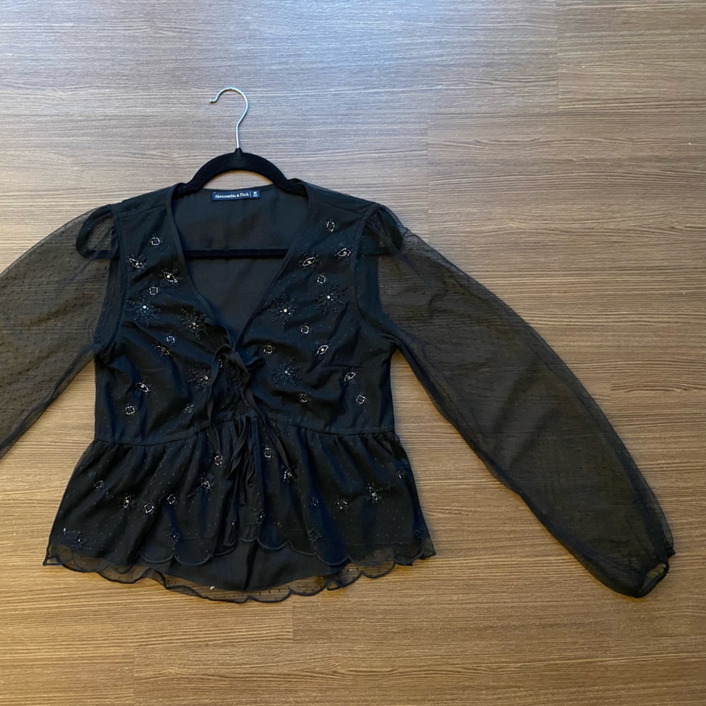 Abercrombie, black top, silver bead detail and sheer sleeves, size M woman’s